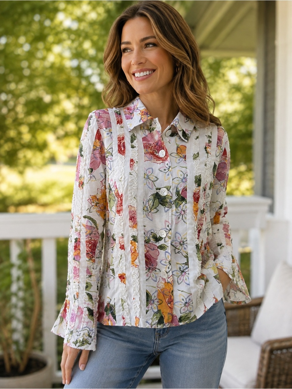 Coldwater Creek White Floral Button-Front Shirt  (090678) 🌼 💐